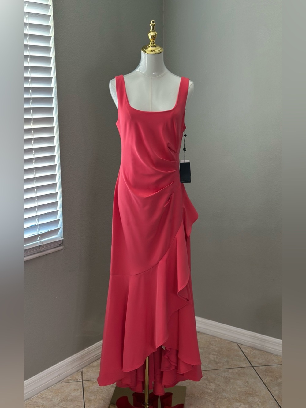 Adrianna Papell Luna Crepe Ruffled Gown Vibrant Coral Pink Dress Size 6 NWT
